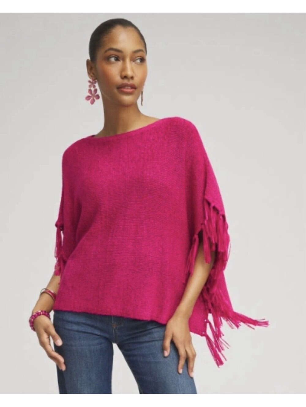 CHICO'S NWT Women’s Fringe Knit Poncho In Magenta Rose-Size L/XL